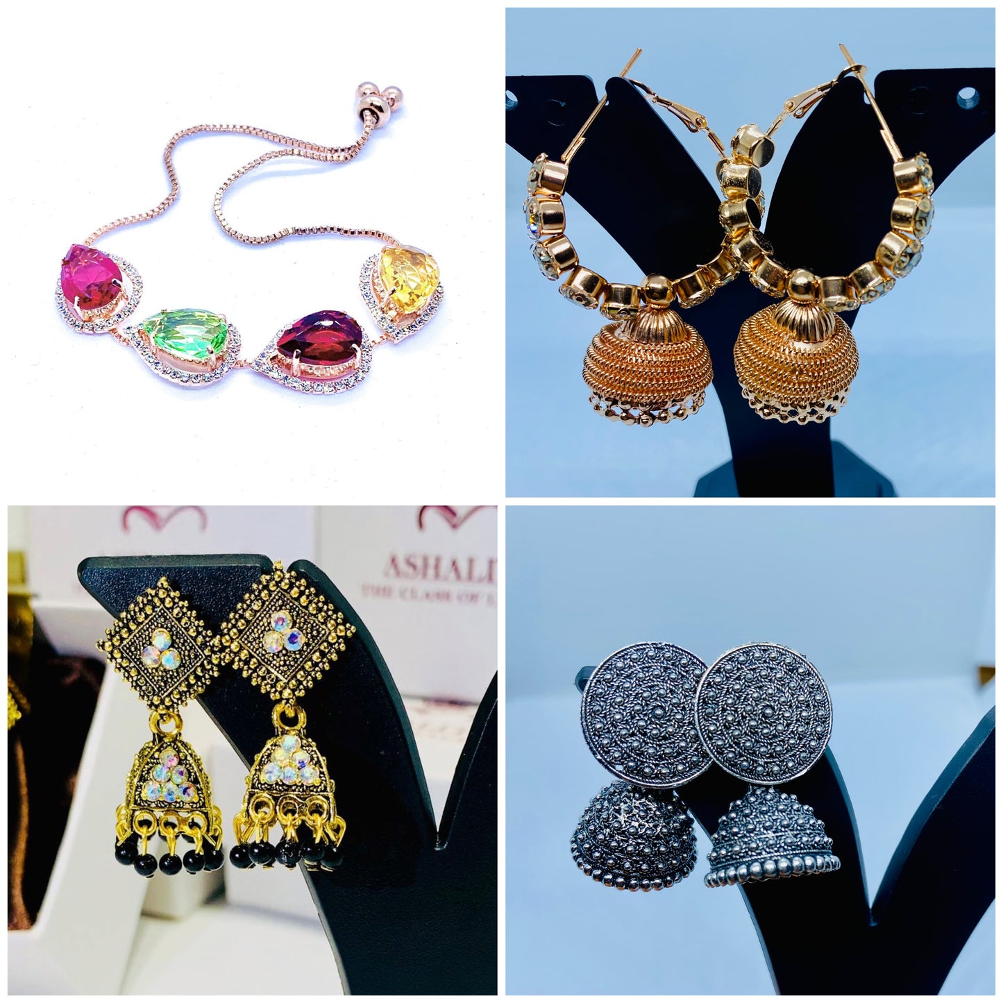 Elegant Gemstone Bracelet & Ethnic Earrings Set -Multicolor