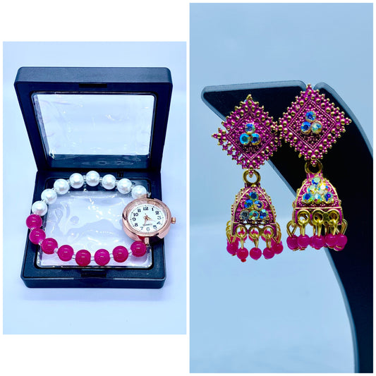 “Pink Beaded Bracelet with Watch & Intricate Ethnic Earrings Set”