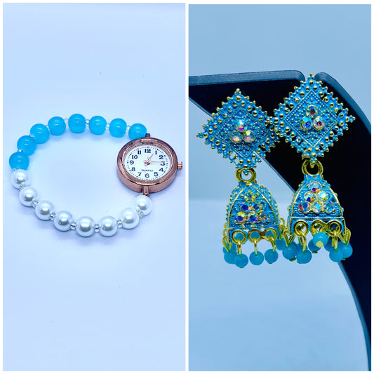“Blue Beaded Bracelet with Watch & Intricate Ethnic Earrings Set”