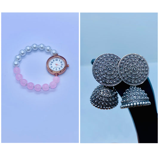 “Cute Pink Beaded Bracelet with Watch & Intricate Ethnic Earrings Set”
