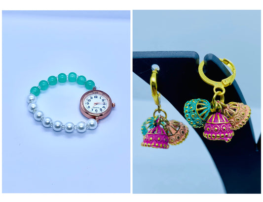 “Green Beaded Bracelet with Watch & Intricate Ethnic Earrings Set”