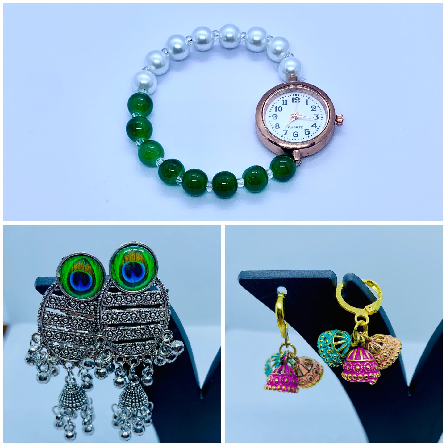 “Green & White Beaded Watch Bracelet with Owl and Jhumka Earrings Set”
