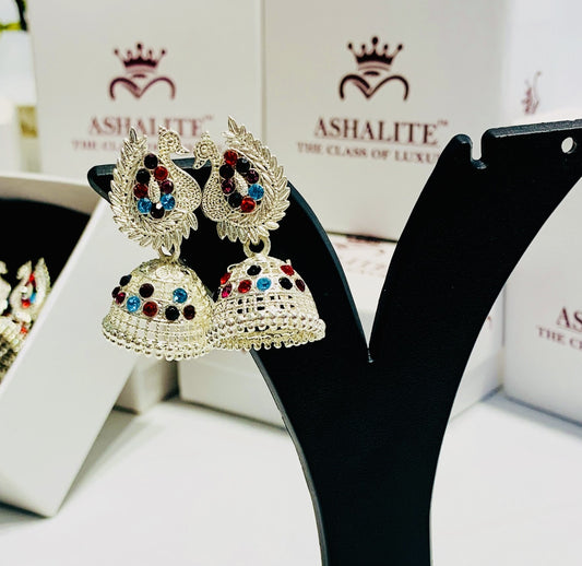 Silver peacock multicolor stone jhumka front view — peacock earrings online India