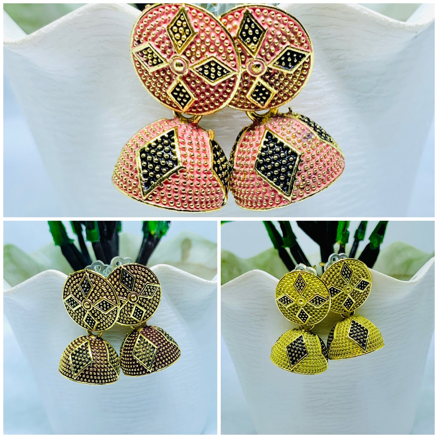 Traditional Jhumka Earrings Combo – Baby Pink, Dark Brown, and Yellow