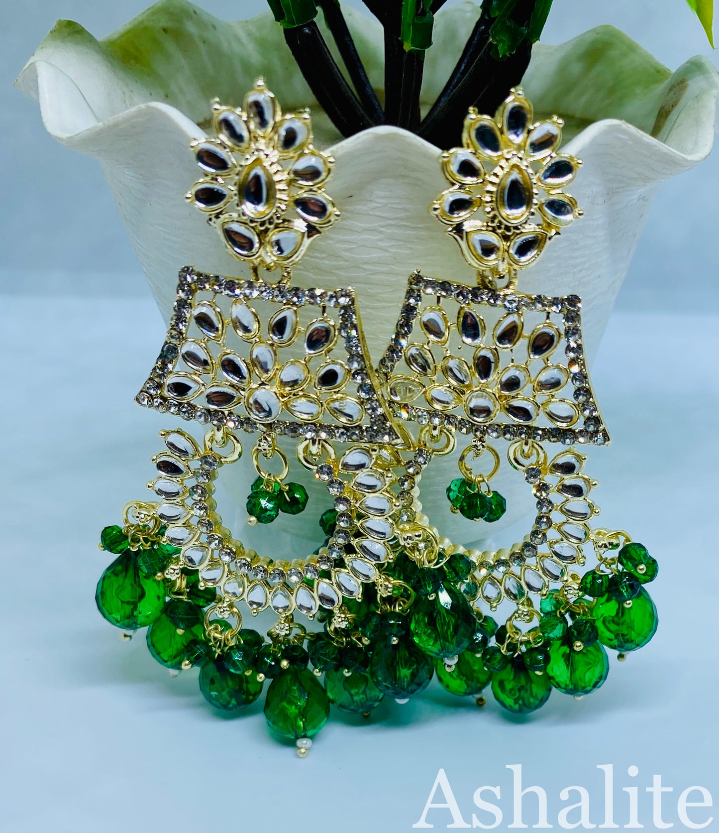 श्यामा Emerald Green Kundan Chandbali Earrings with Bead Drops