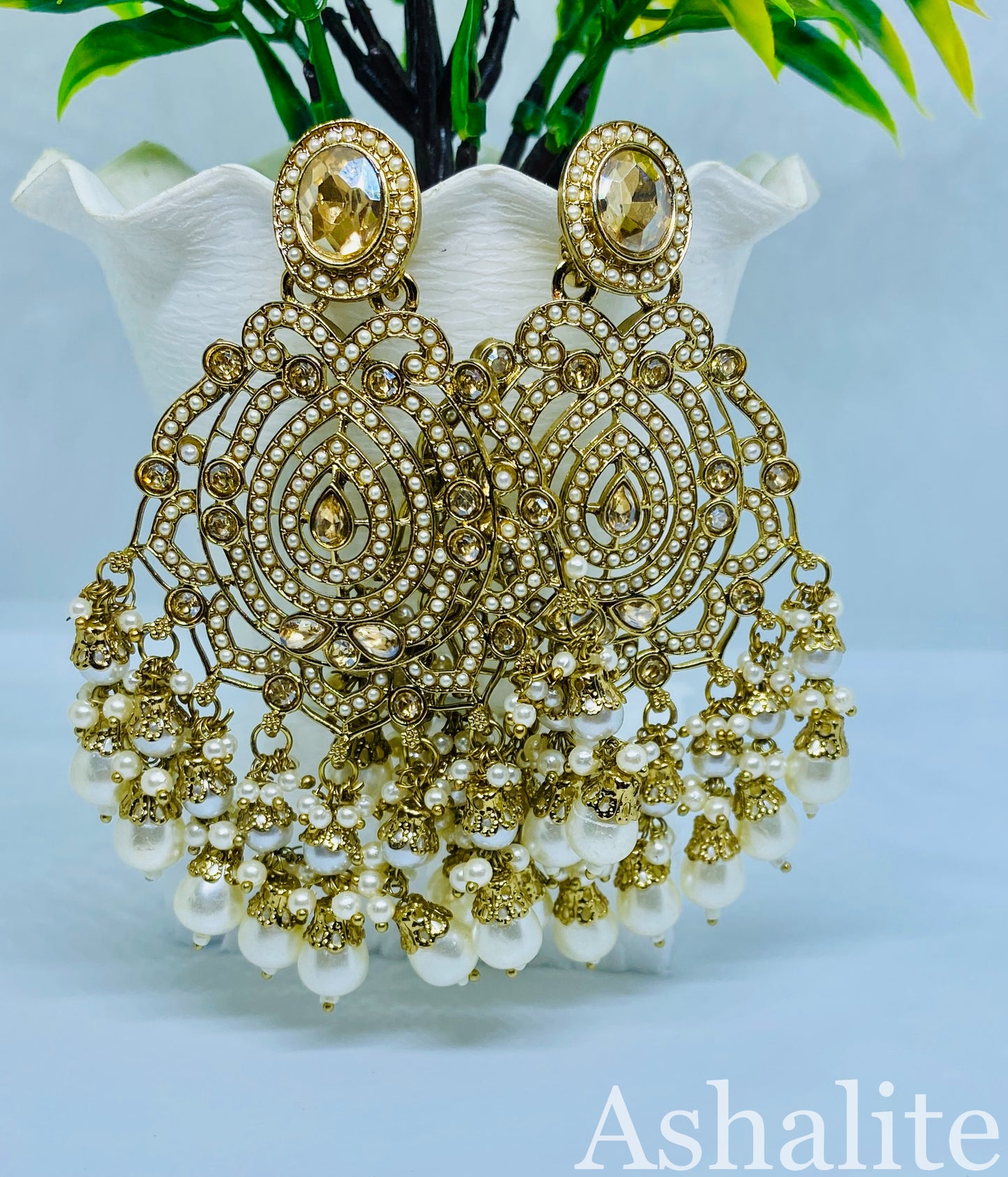 बांकेबिहारी Pearl Chandbali Premium Earrings