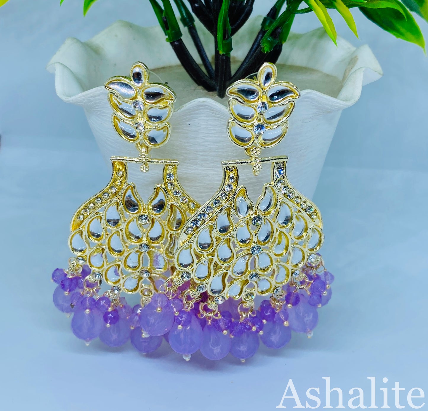 किशोरी जी Lavender Kundan Drop Earrings with Crystal and Bead Details
