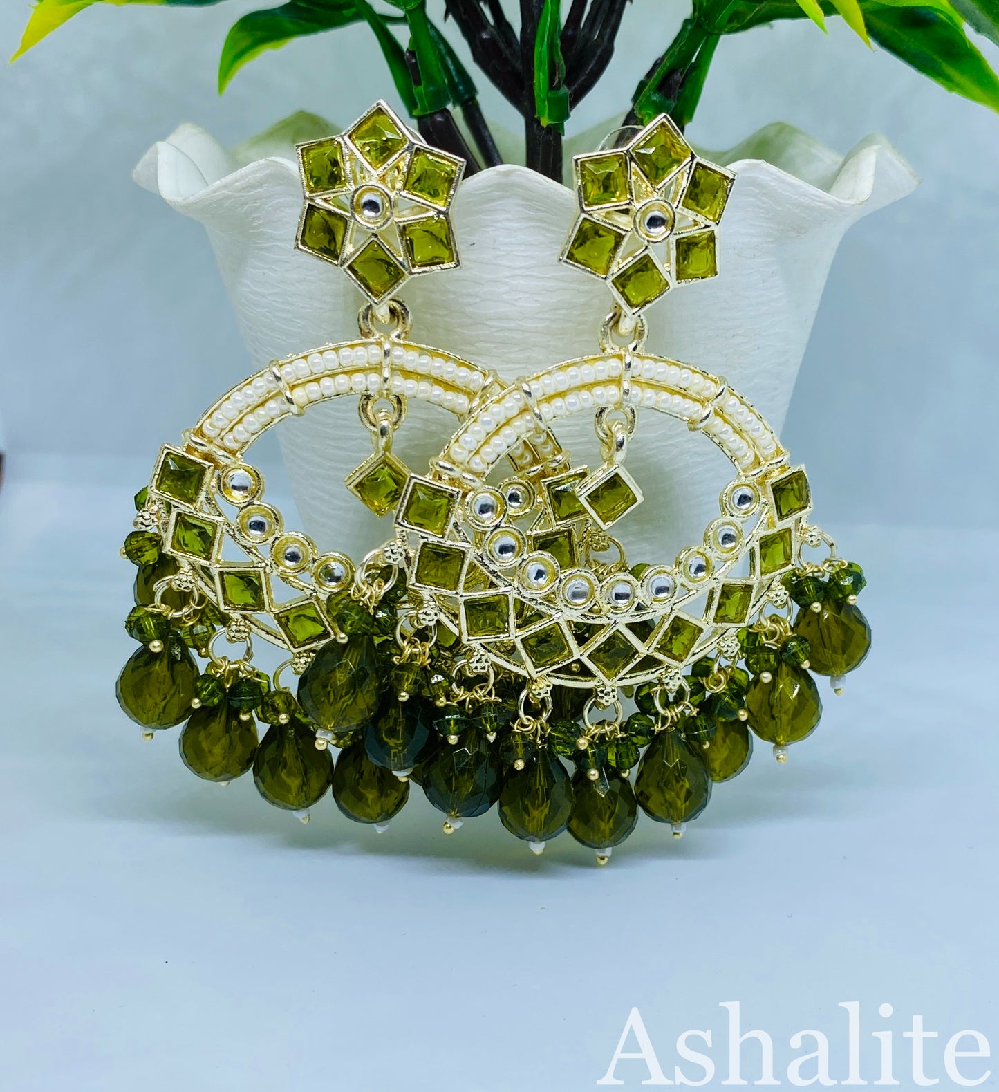 केशवी Blue Kundan Chandbali Earrings with Pearl and Bead Detailing