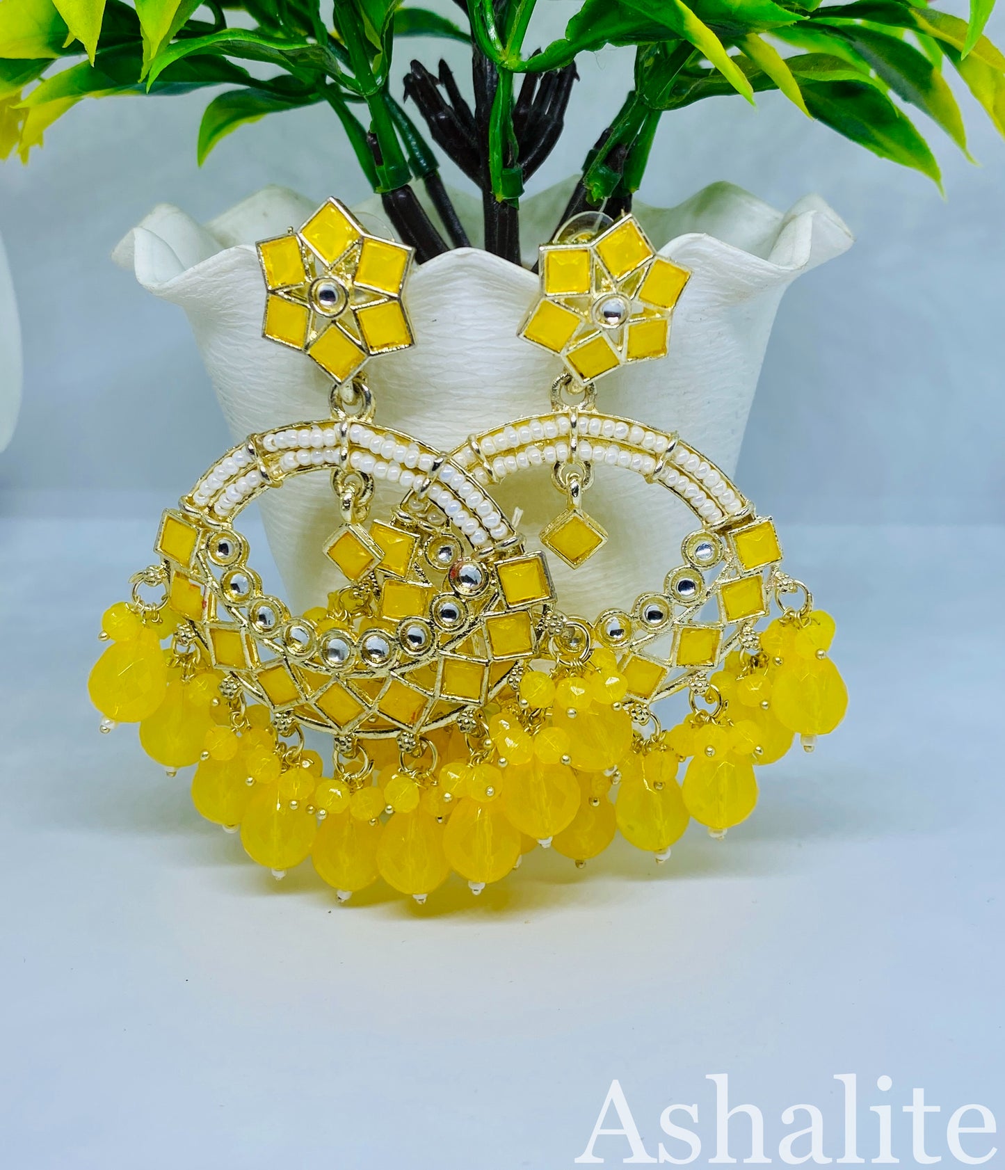 केशवी Blue Kundan Chandbali Earrings with Pearl and Bead Detailing
