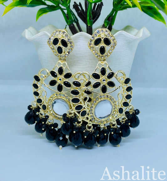 (Kamya) Black Kundan Chandbali Earrings with Bead Drops