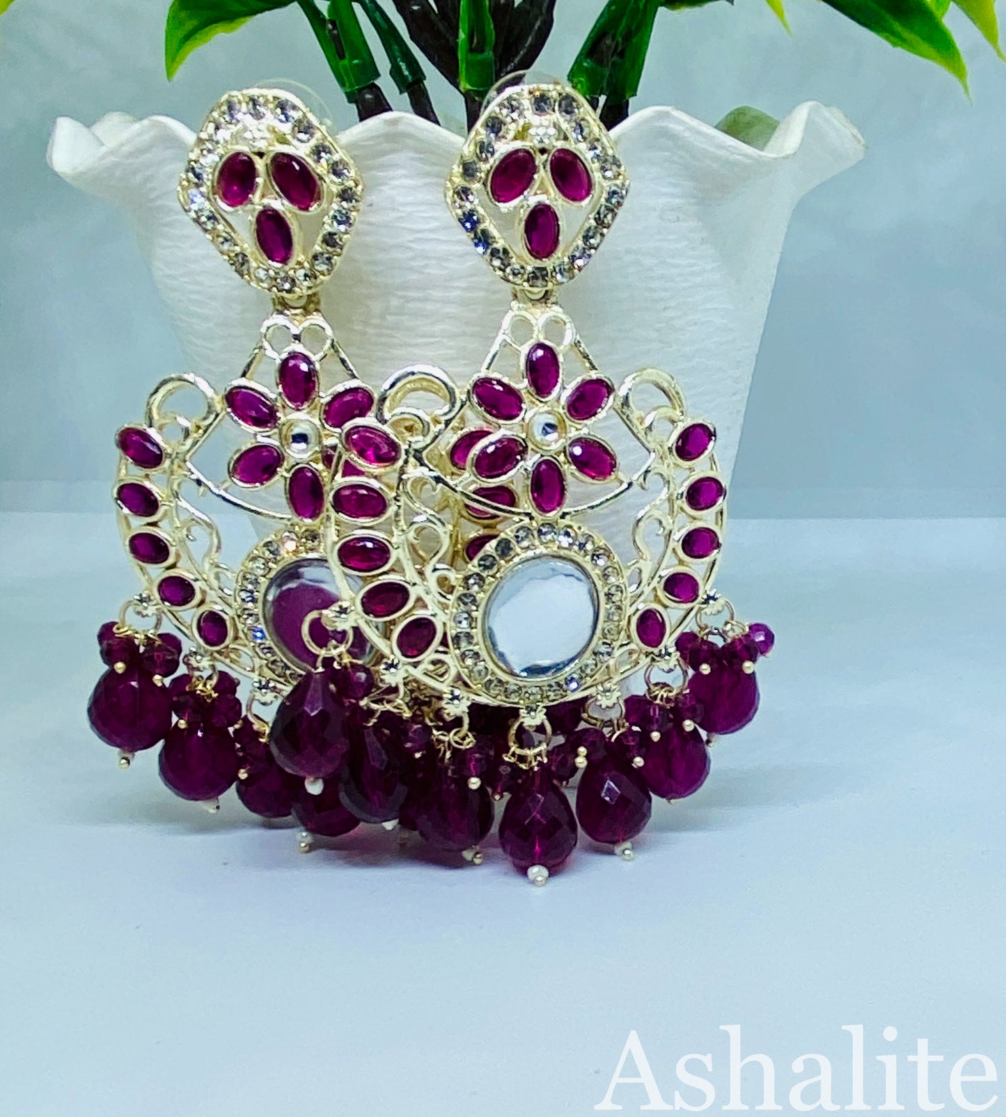 वृन्दावनेश्वरी Deep Magenta Kundan Chandbali Earrings