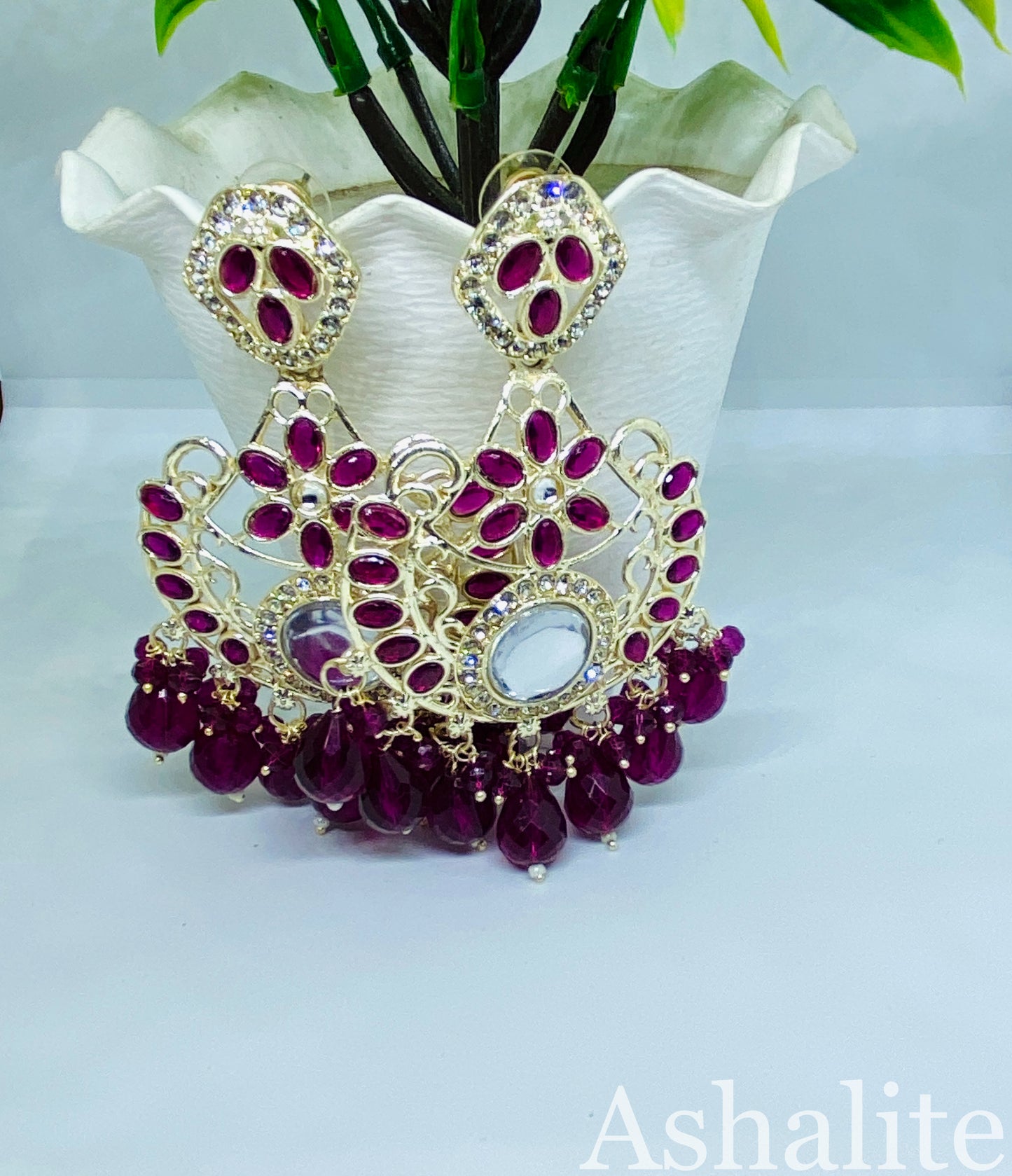 वृन्दावनेश्वरी Deep Magenta Kundan Chandbali Earrings