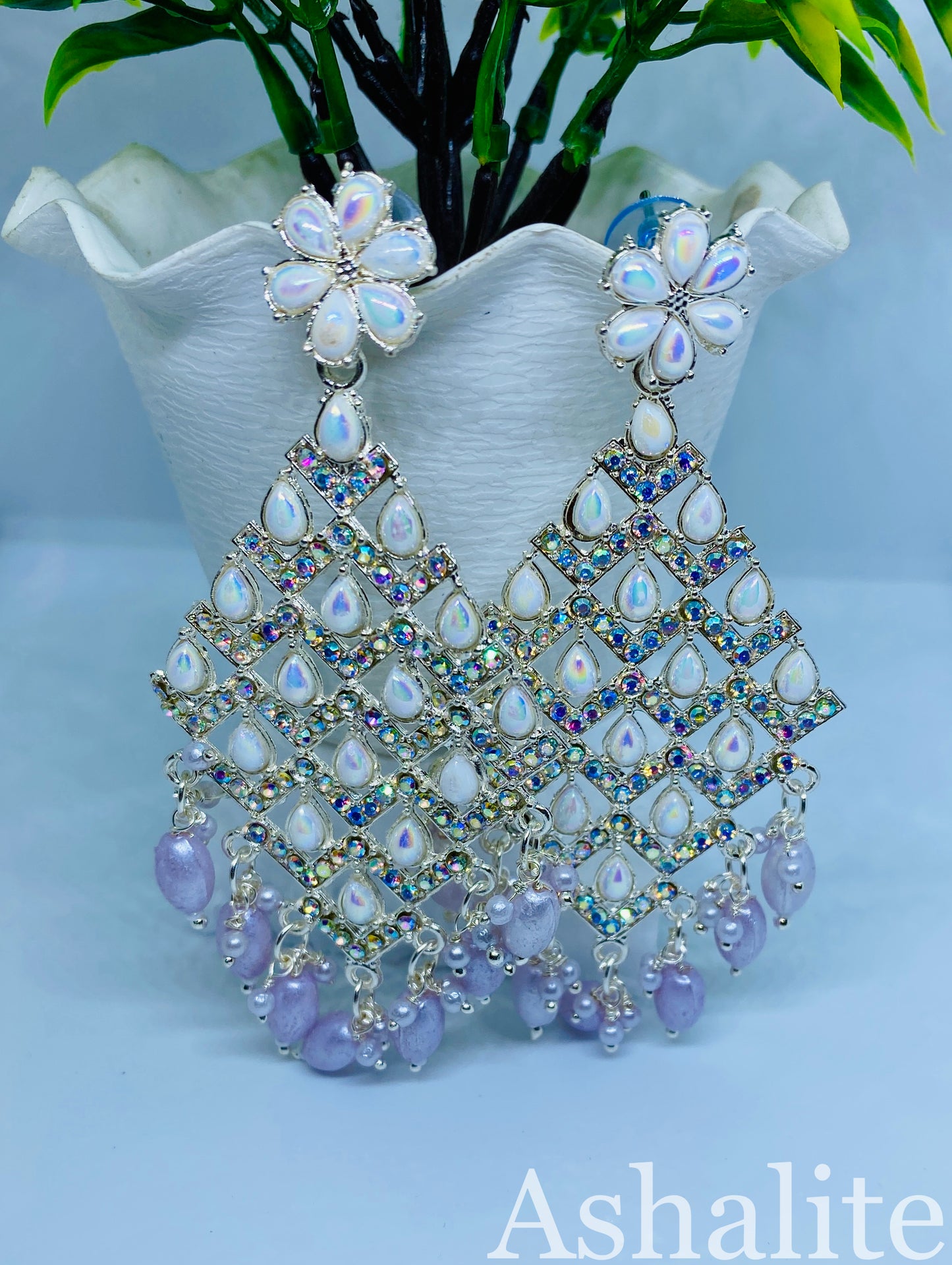 गौरांगी White and Lavender Chandbali Earrings