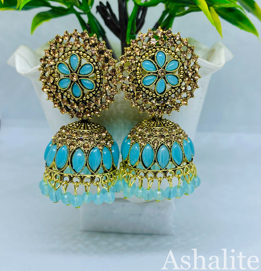 Soumya-Rupa turquoise gold jhumka front view — turquoise jhumka online India