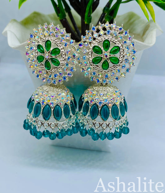 नित्या Stunning Green and Silver-Plated Jhumka Earrings