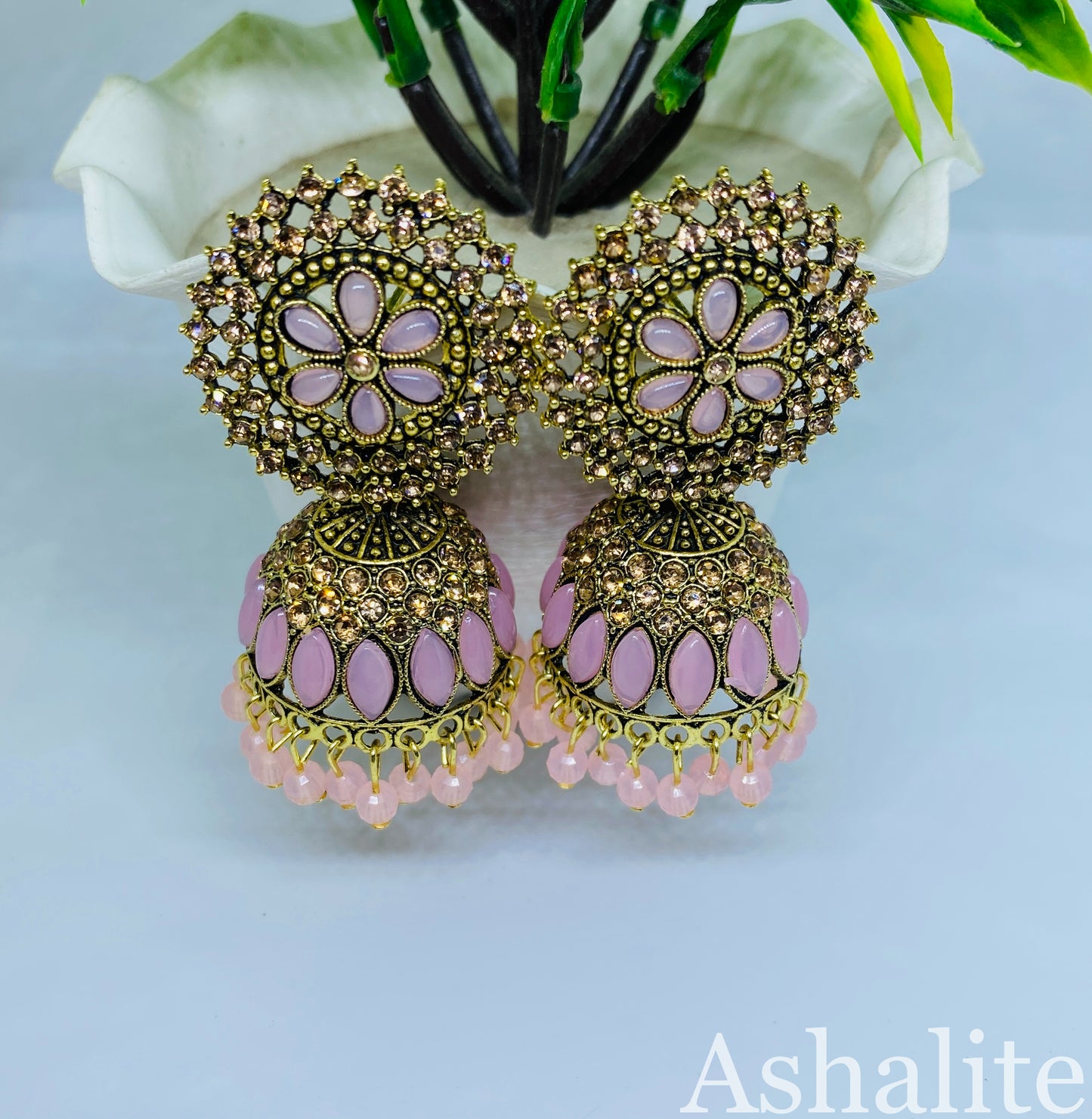 कमल-सुंदरी Antique Gold-Plated Pink Jhumka Earrings with Floral Motif