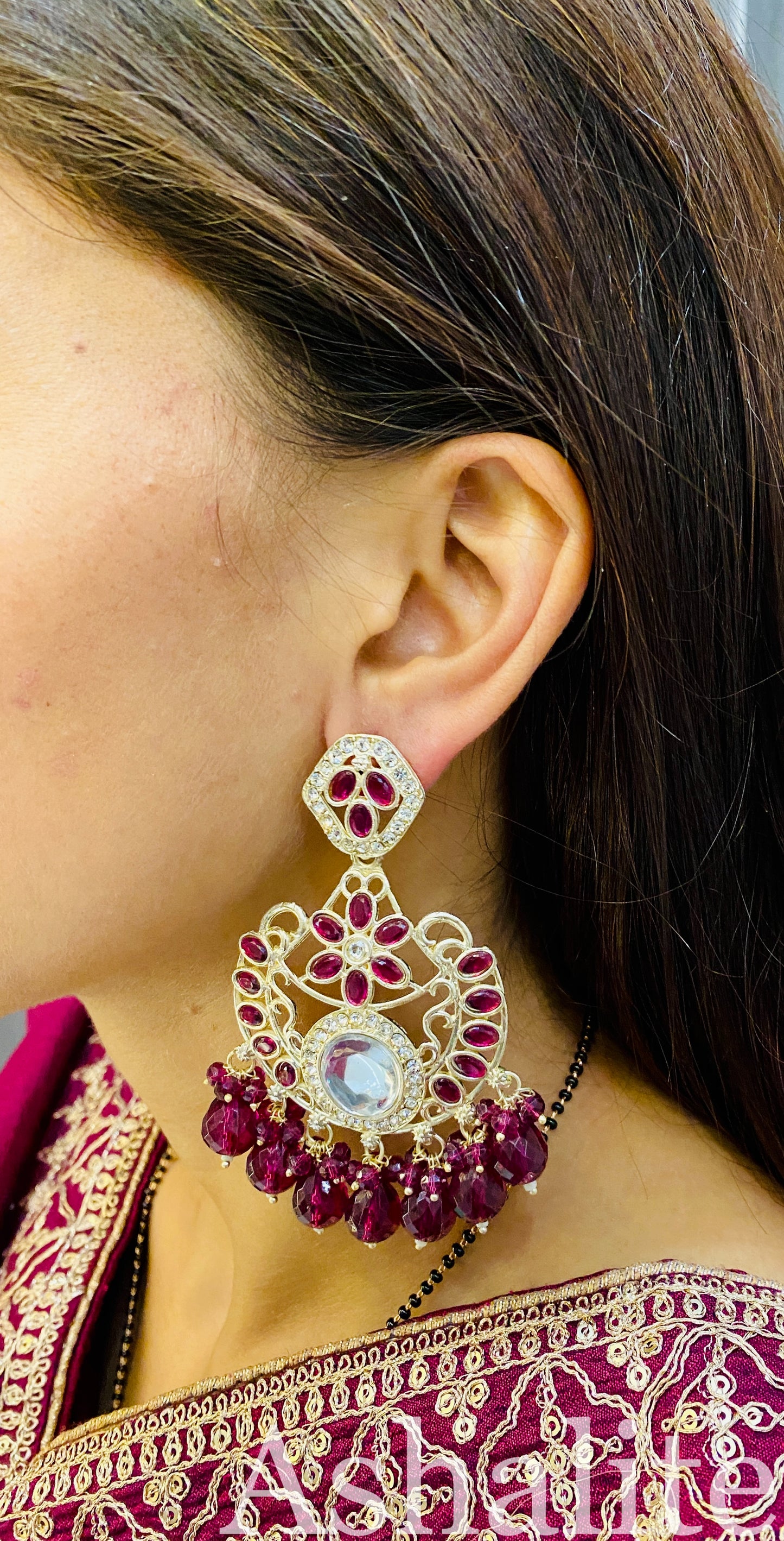 वृन्दावनेश्वरी Deep Magenta Kundan Chandbali Earrings
