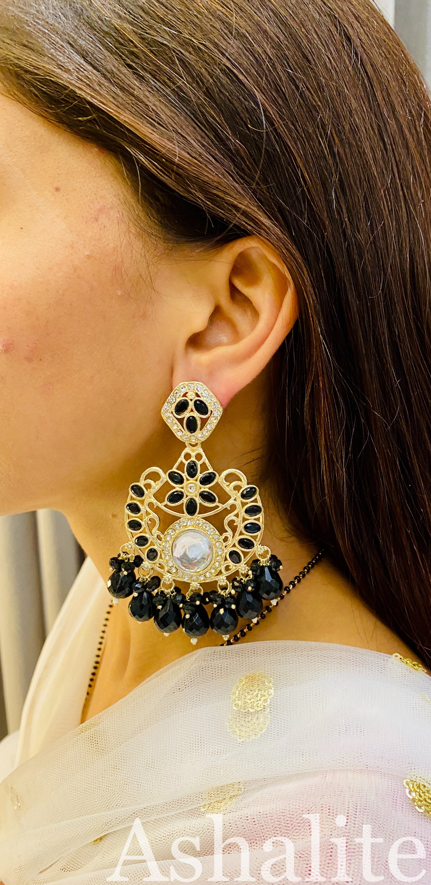 काम्या Black Kundan Chandbali Earrings with Bead Drops