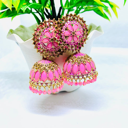 Elegant pink bead jhumka front view — pink bead jhumka online India