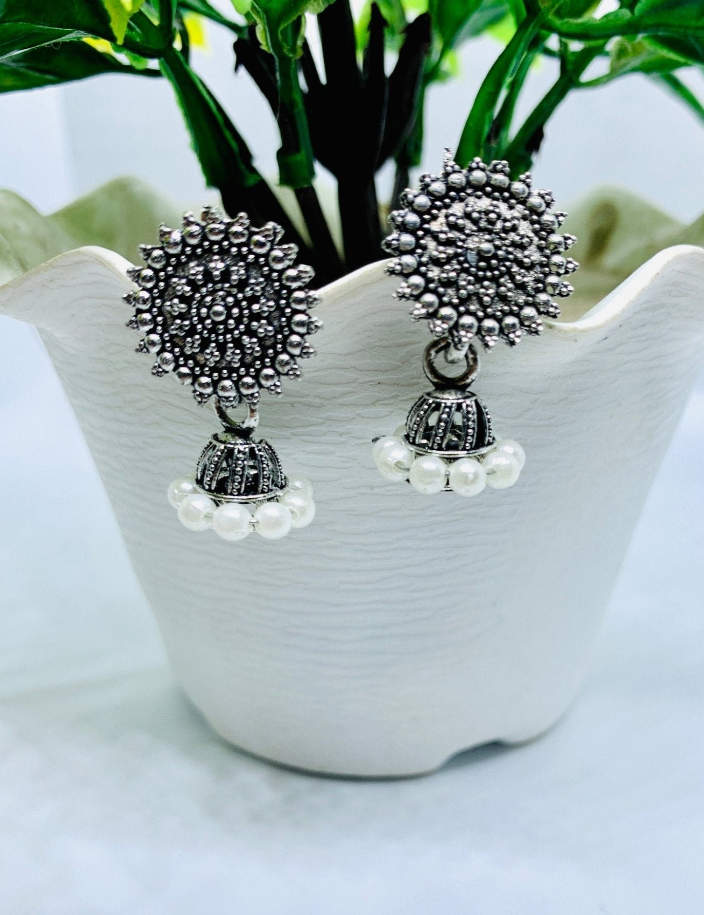 Antique Cute Silver Jhumka Earrings with Pearl Accents(Pair of 03)