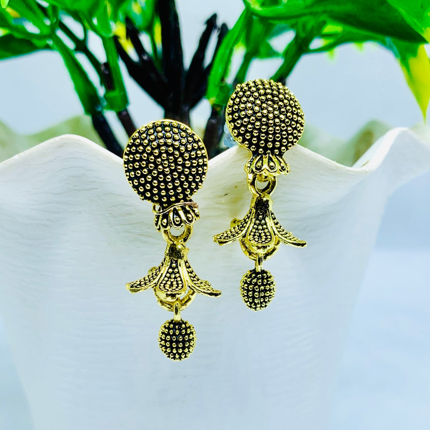 “Antique Gold Plated Floral Drop Earrings with Textured Detailing”(Pair of 03)
