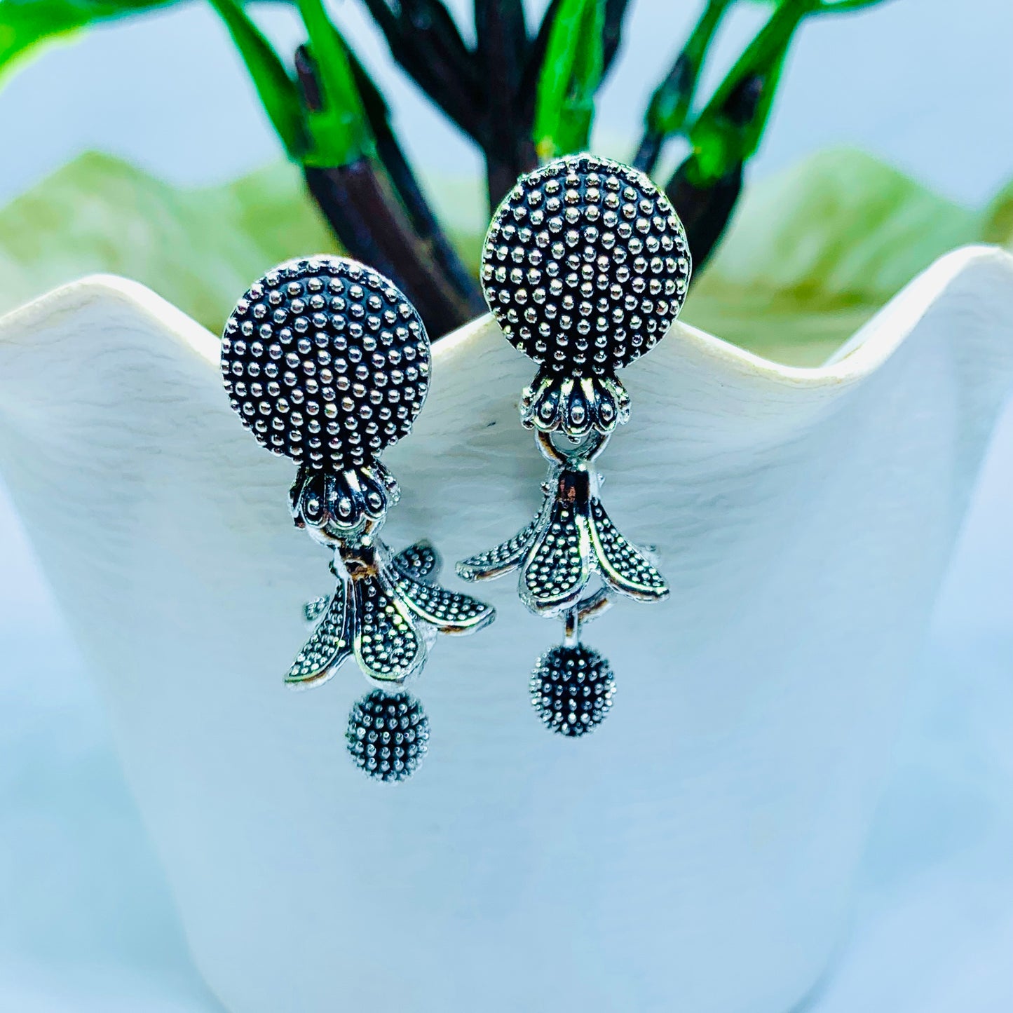 “Antique Silver Plated Floral Drop Earrings with Textured Detailing”(Pair of 03)