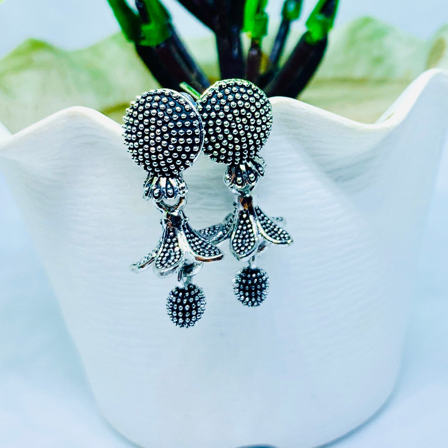 “Antique Silver Plated Floral Drop Earrings with Textured Detailing”(Pair of 03)