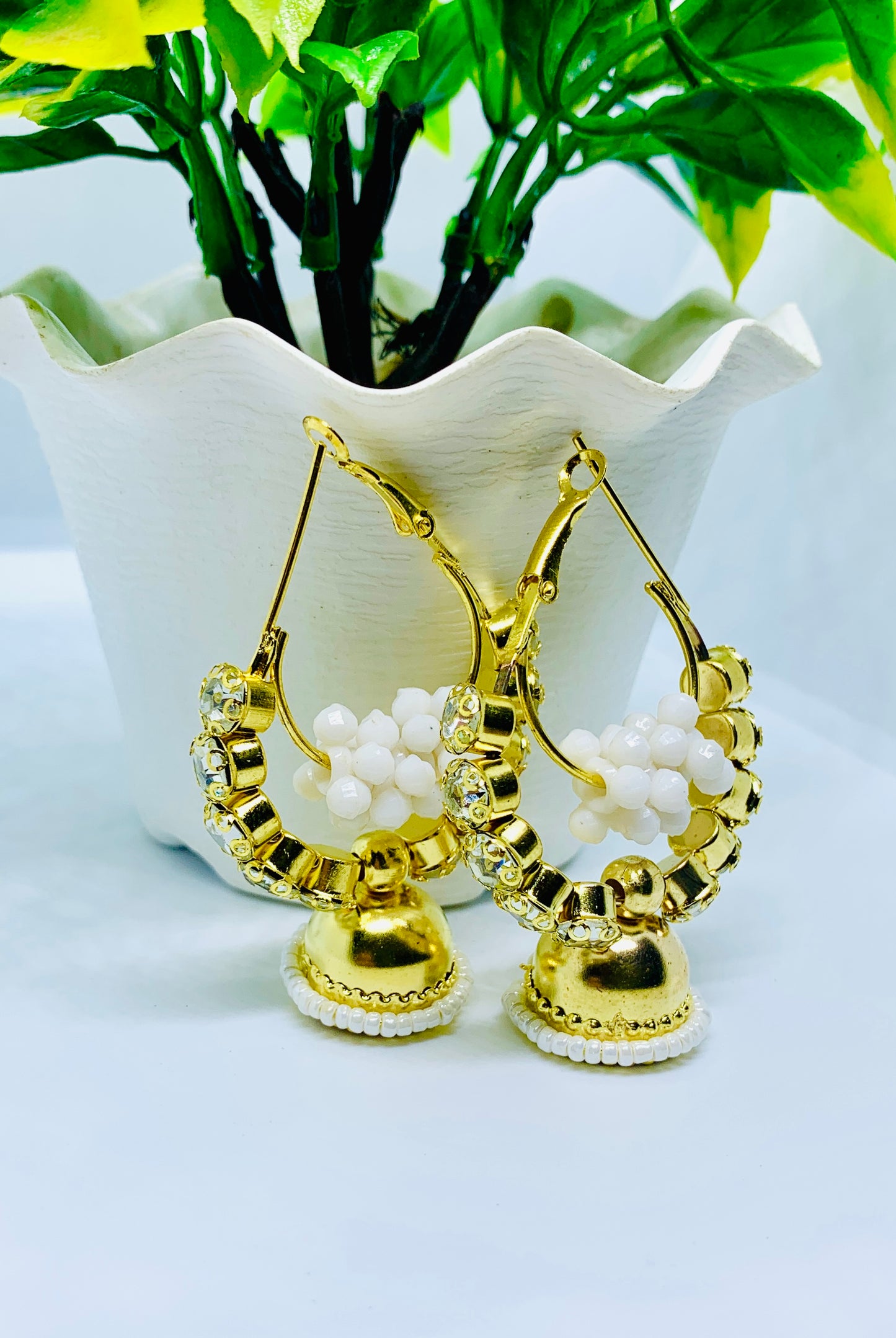 Gold white bead jhumka front view — white beaded jhumka online India