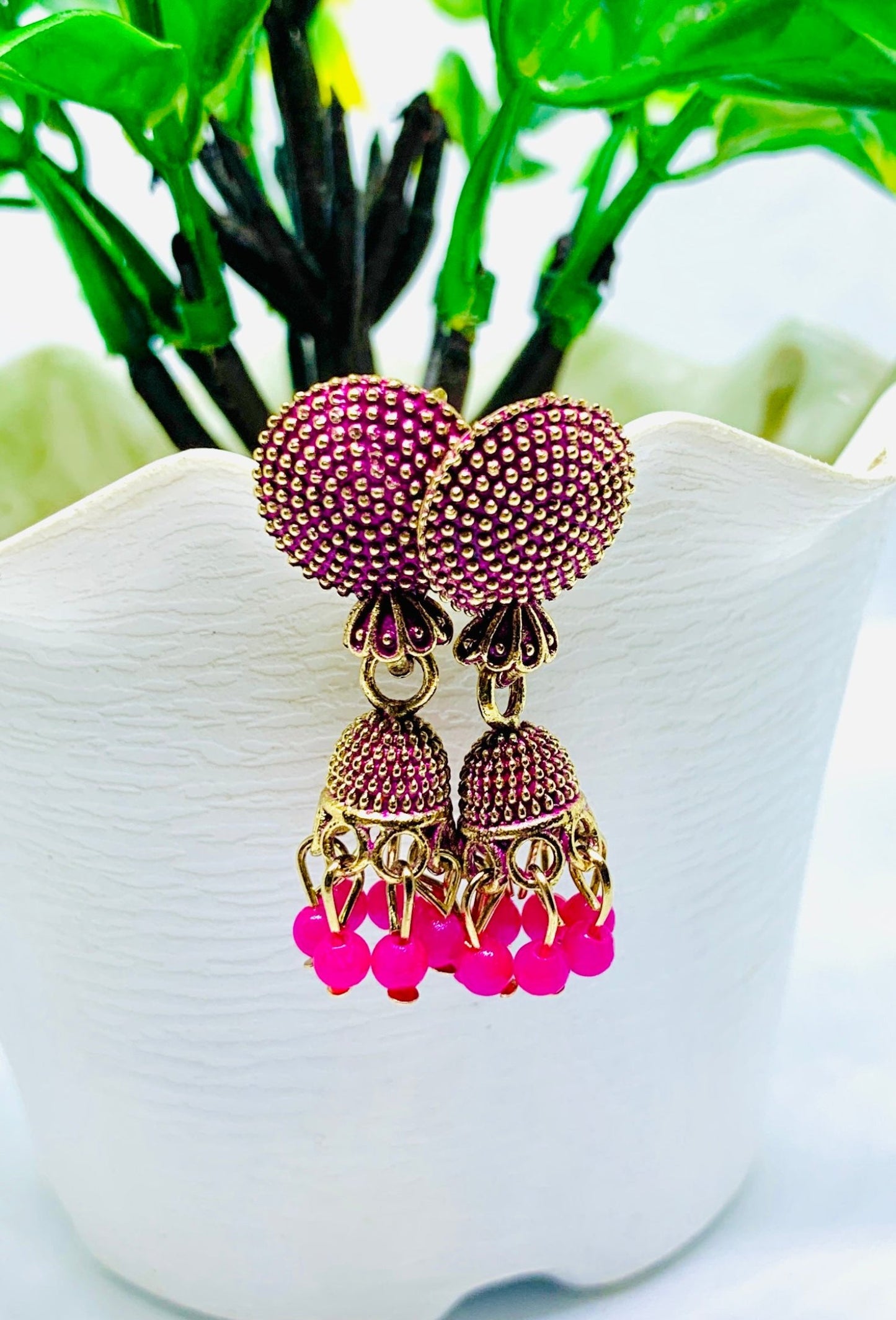 "Elegant Combo of Three Jhumka Earrings - Pink, Black & Red Beads"