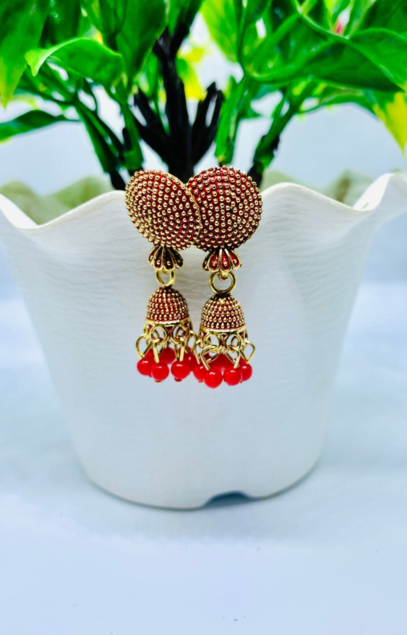"Elegant Combo of Three Jhumka Earrings - Pink, Black & Red Beads"