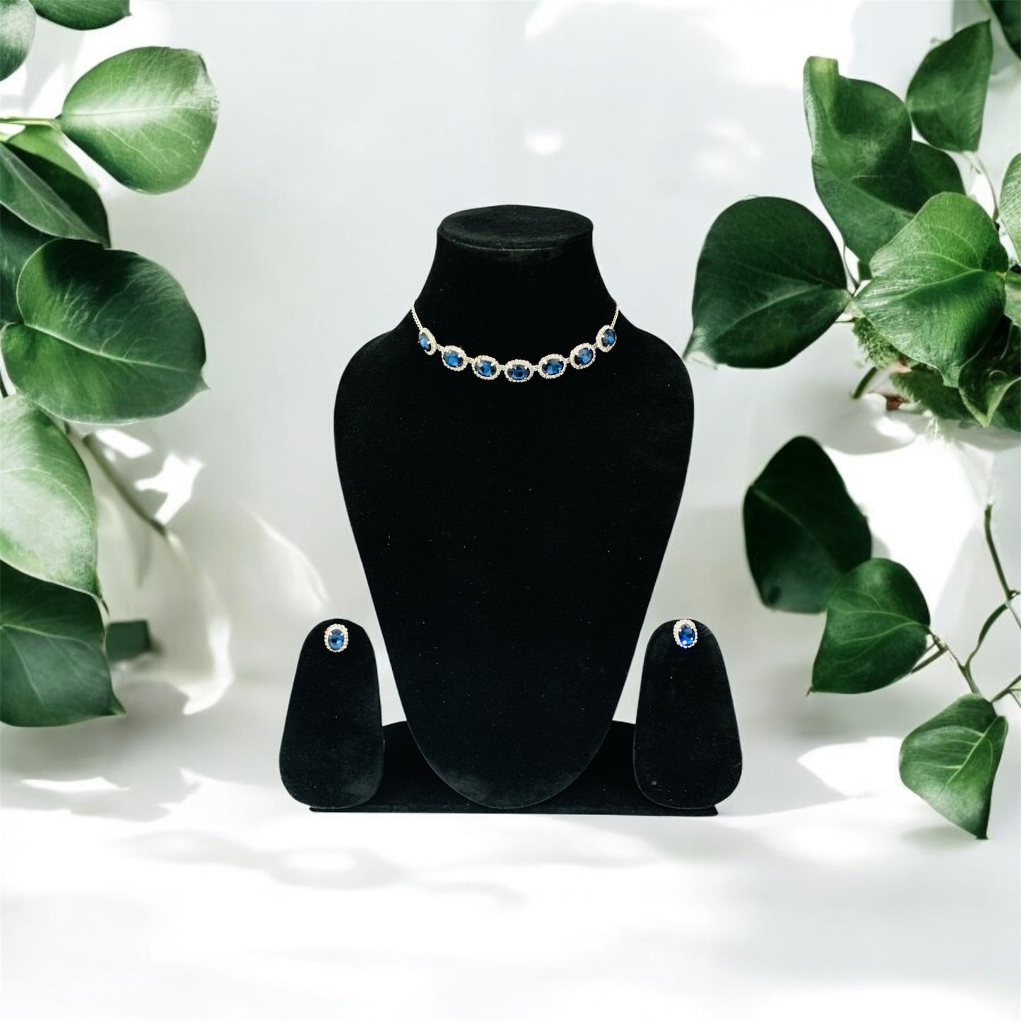 कृष्ण-कांता Blue Gemstone Necklace & Earring Set with Crystal Accents
