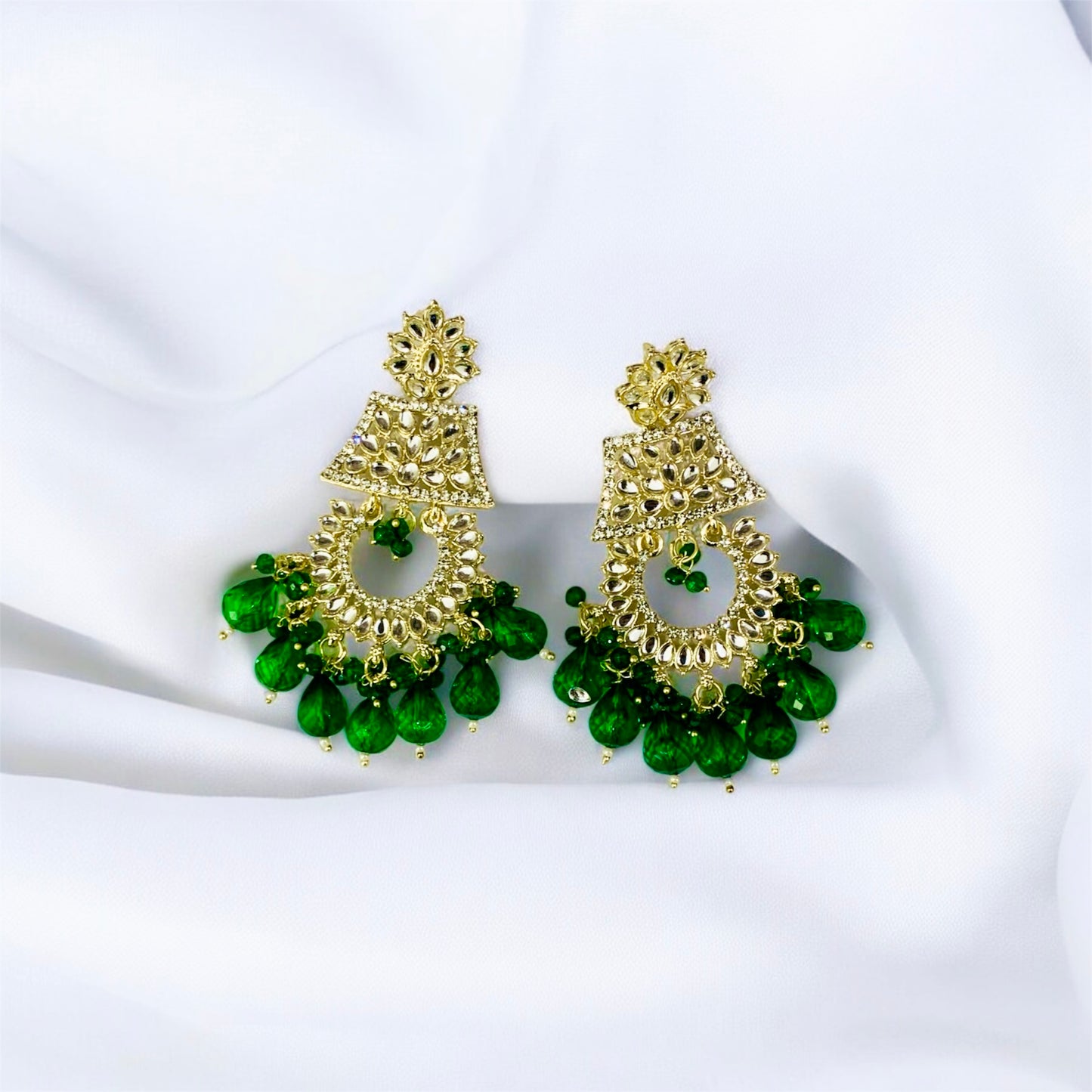 श्यामा Emerald Green Kundan Chandbali Earrings with Bead Drops