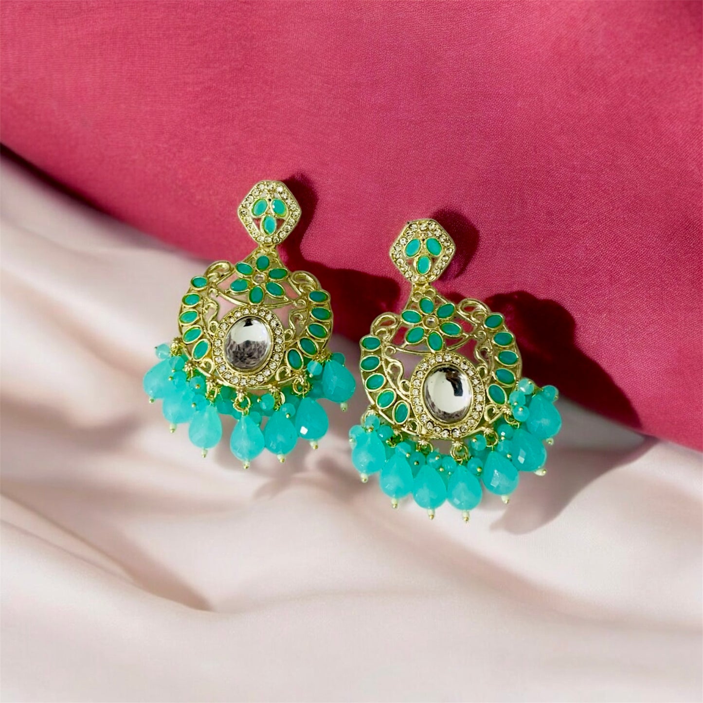 त्रिलोक सुंदरी Turquoise Blue Kundan Chandbali Earrings