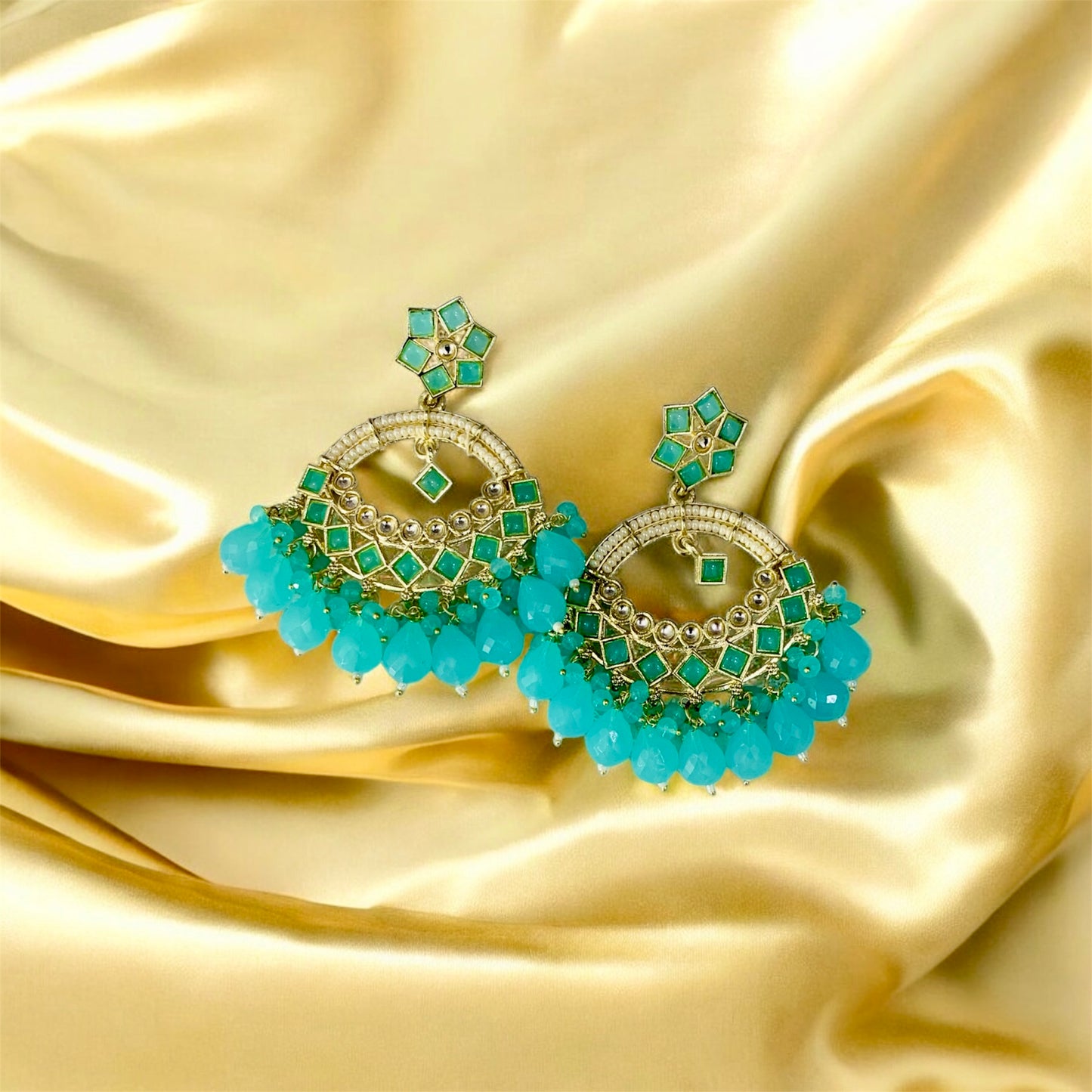 केशवी Blue Kundan Chandbali Earrings with Pearl and Bead Detailing