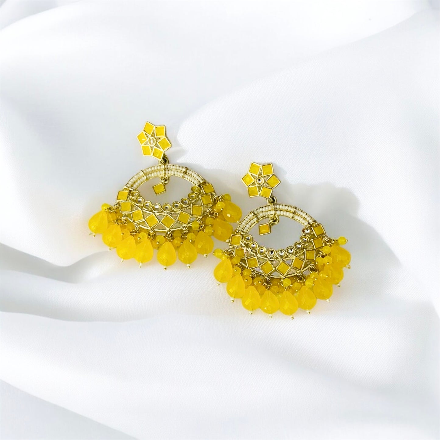 केशवी Blue Kundan Chandbali Earrings with Pearl and Bead Detailing