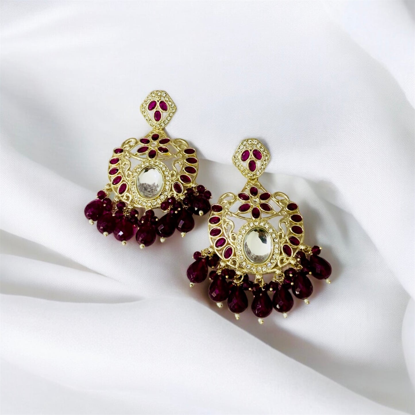 वृन्दावनेश्वरी Deep Magenta Kundan Chandbali Earrings