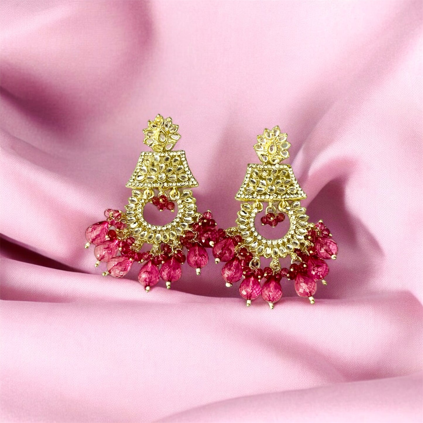 कृष्ण संयुता Gold-Plated Chandbali Earrings with Fuchsia Pink Beads and Floral Design
