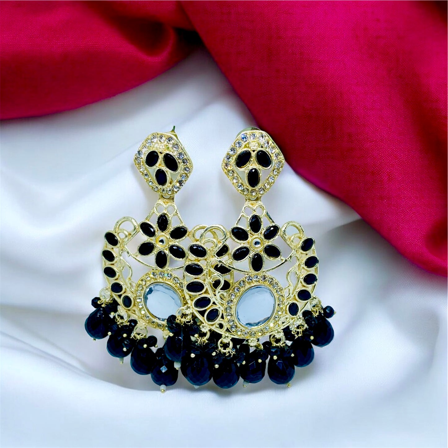 काम्या Black Kundan Chandbali Earrings with Bead Drops