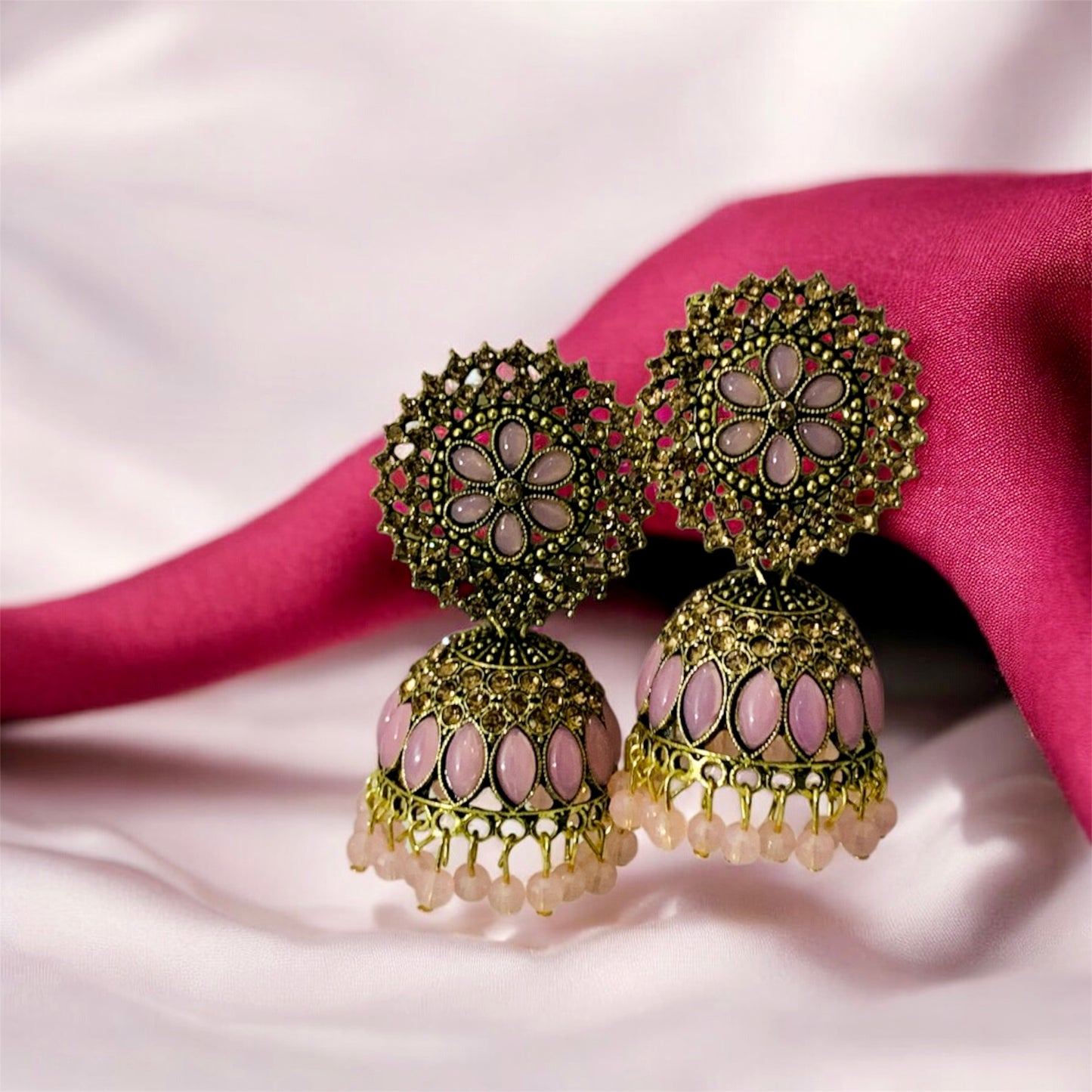 कमल-सुंदरी Antique Gold-Plated Pink Jhumka Earrings with Floral Motif