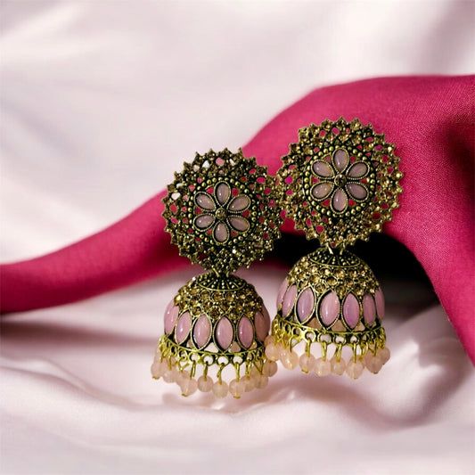 कमल-सुंदरी Antique Gold-Plated Pink Jhumka Earrings with Floral Motif