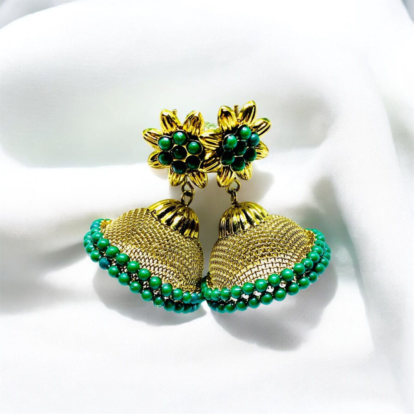 Elegant Gold Jhumka Earrings with Green Beads