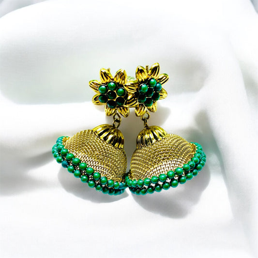 Elegant Gold Jhumka Earrings with Green Beads