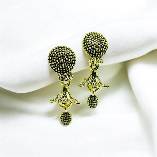“Antique Gold Plated Floral Drop Earrings with Textured Detailing”(Pair of 03)