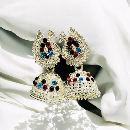 Silver-Toned Peacock Jhumka Earrings with Multicolor Stone Details