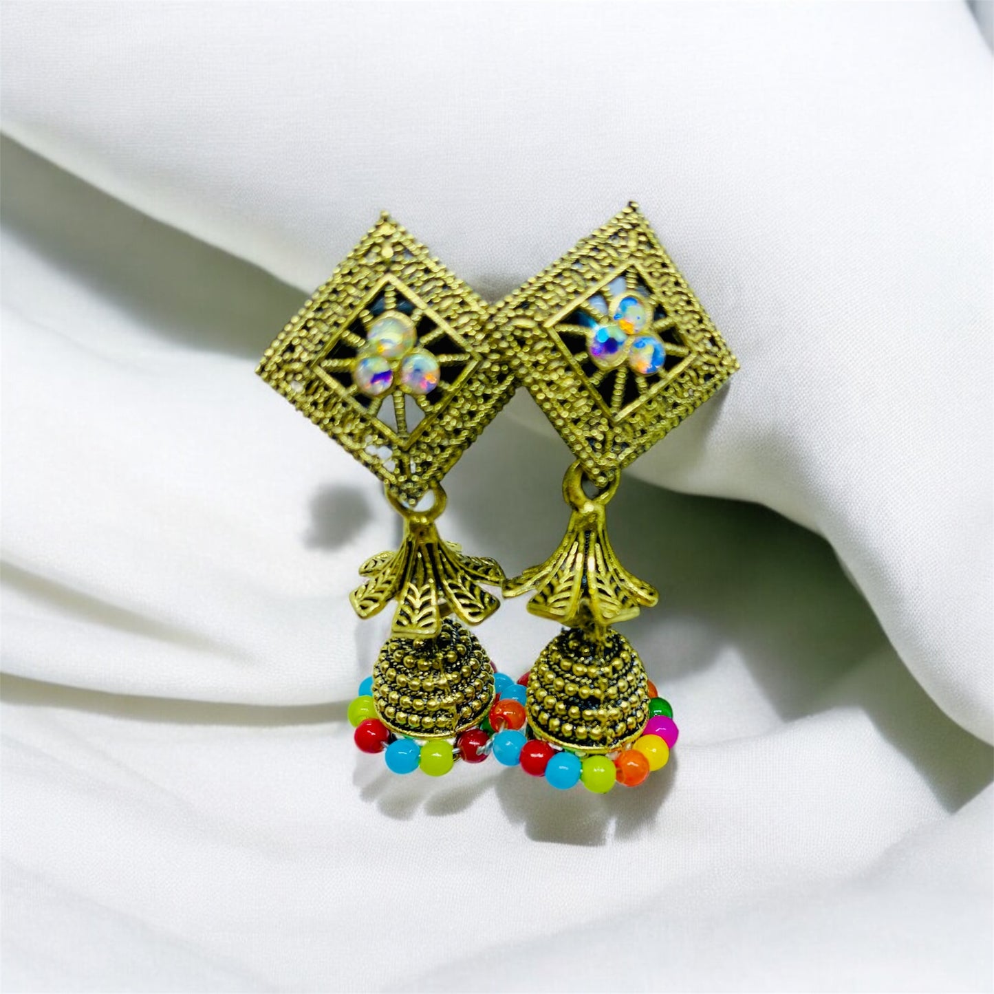 Traditional Antique Jhumka Earrings with Colorful Bead Accents | Ashalite