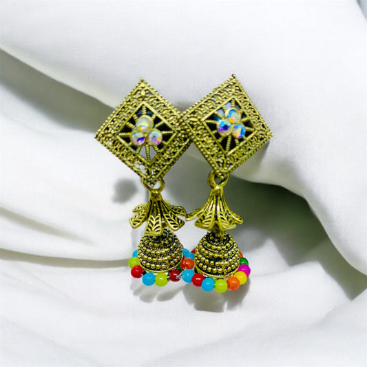 Traditional Antique Jhumka Earrings with Colorful Bead Accents | Ashalite