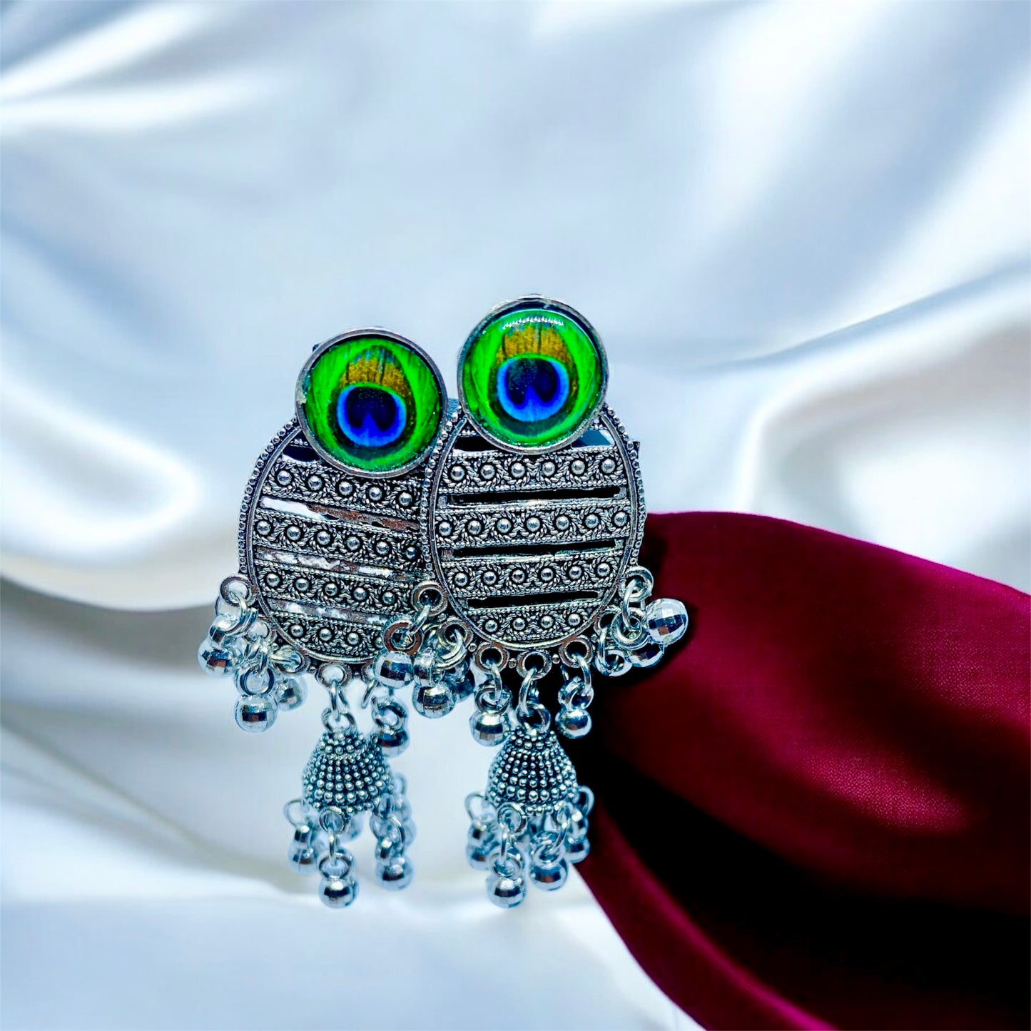 Oxidized Silver Peacock Eye Earrings with Jhumka Bells