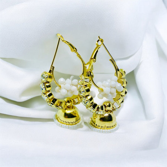 Gold Plated White Beaded Jhumka Earrings by Ashalite — traditional artificial jhumka India