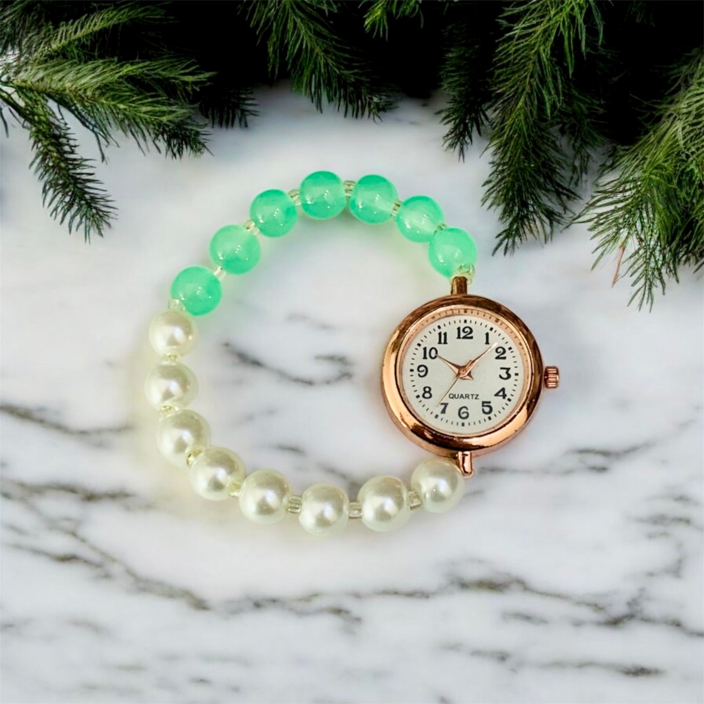 "वनिका" White & Mint Green Pearls Bead with Rose Gold Dial Watch
