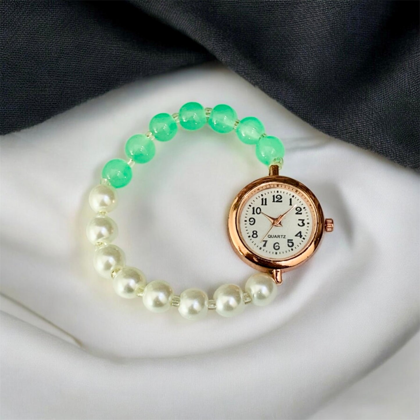 "वनिका" White & Mint Green Pearls Bead with Rose Gold Dial Watch
